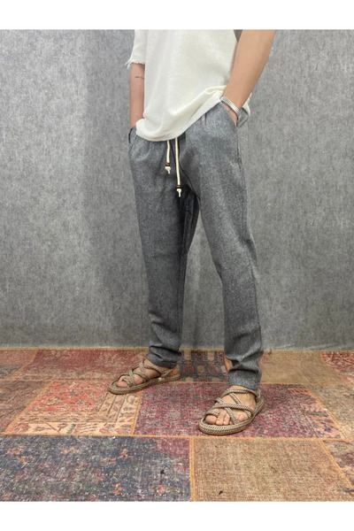 FıttingRoom Elastic Waist Double Leg Cotton Linen Gray Trousers