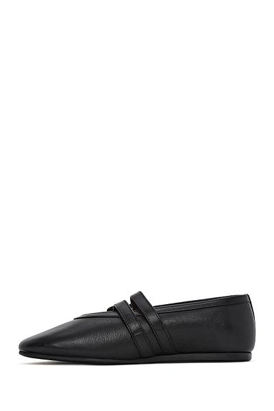 Derimod Women's Black Double Buckle Leather Ballerinas 25Sfd 140218