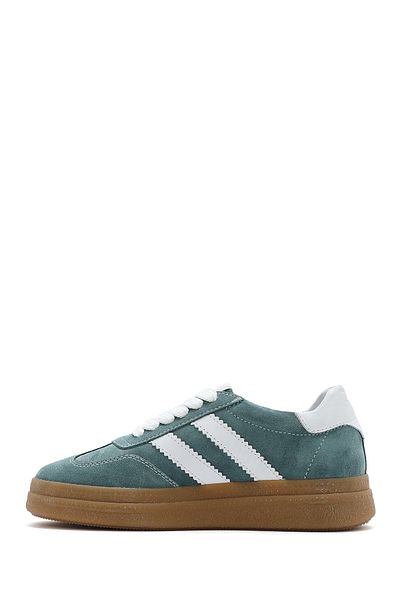 Derimod Women's Green Lace-Up Thick Soled Suede Leather Sneaker 25Sfd 511010