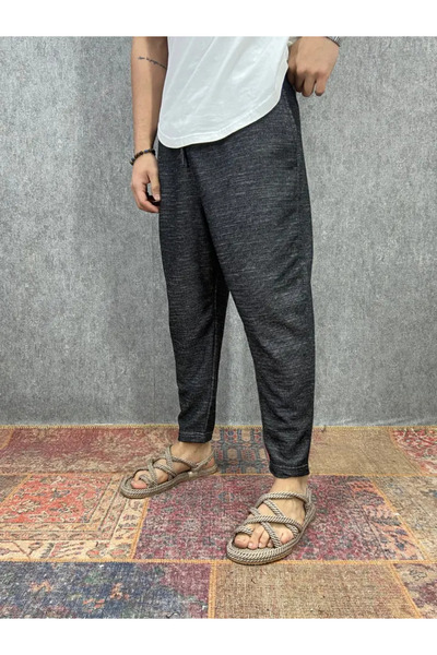 FıttingRoom Cotton Linen Black Baggy Trousers with Elastic Waist