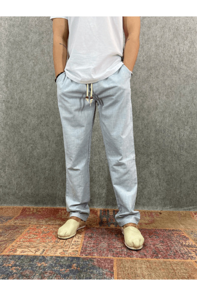 FıttingRoom Cotton Linen Blue Trousers with Elastic Waist