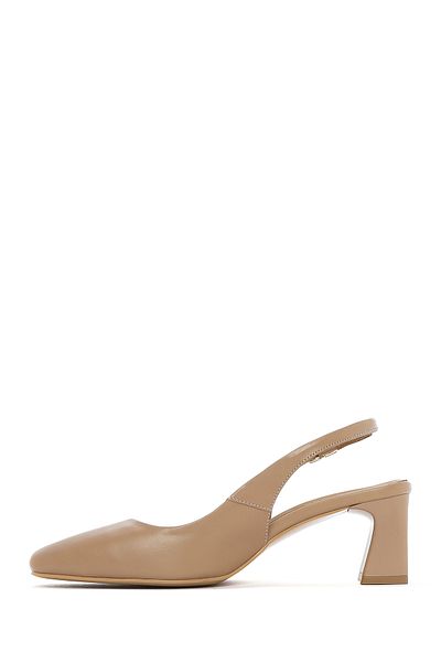 Derimod Women's Beige Open Back Short Thick Heeled Leather Shoes 25Sfd 131918