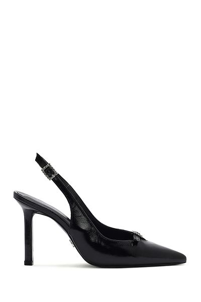 Derimod Women's Black Ankle Buckle Open Back Thin Heeled Leather Shoes 25Sfd 162316