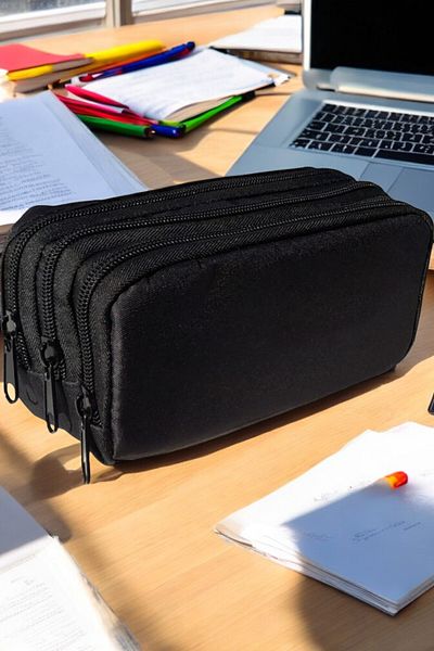 Stok CITY Licensed Three Compartment Large Volume Simple Black Pen Holder Makeup Bag 20cm 9 cm 9 Cmebatlarında