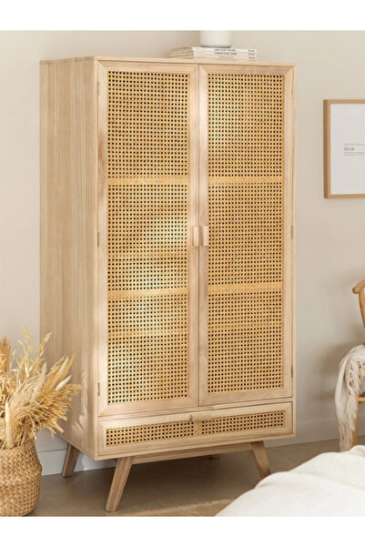 FIRU HOME Doğal Masif Çam Ahşap Rattan Kapaklı Gardırop - 160x80x57 cm