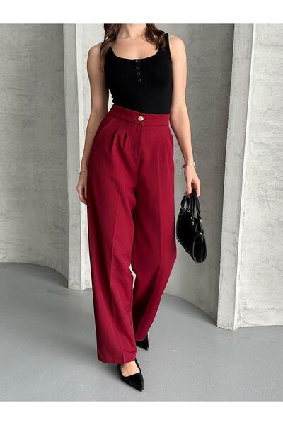 FERZOLAİO Gold Buttoned High Waist Burgundy Palazzo Trousers