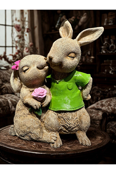 İki Cadı Tasarım Öpüşen Çift Tavşan Figürü | Sevimli Dekoratif Polyester Obje...