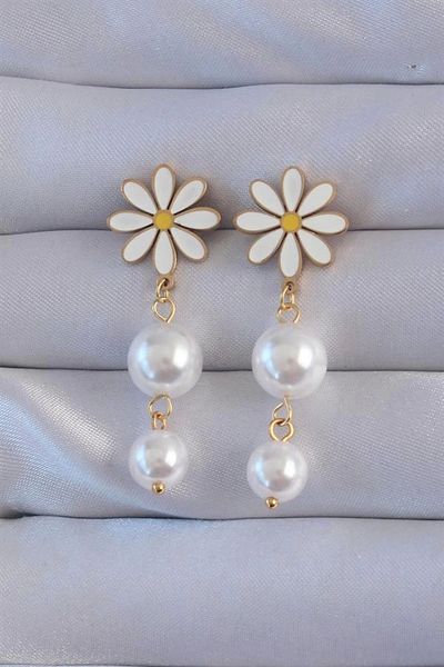 Clariss 316L Steel Gold Color Pearl Stone Daisy Model Dangle Earrings