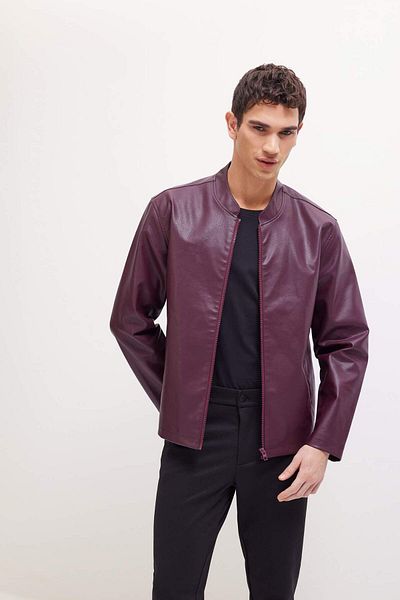 DeFacto Water Repellent Stand Collar Zip-Up Faux Leather Coat - Slim Fit D8525Ax25Sp