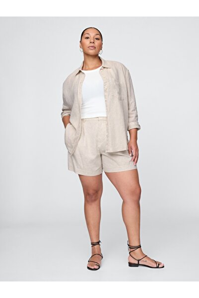 GAP Kadın Bej High Rise Keten Karışımlı Şort