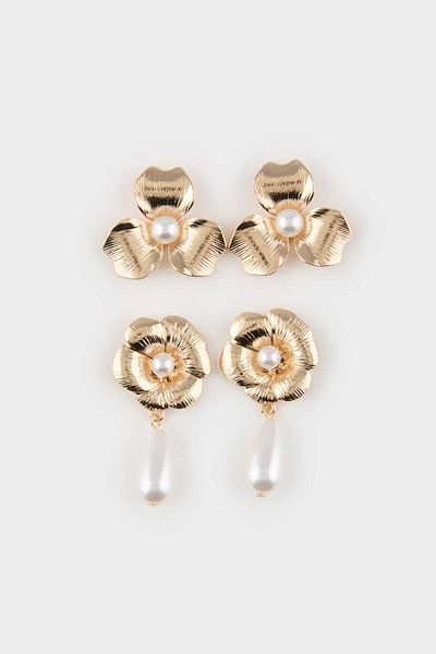 DeFacto Women's 2-Piece Floral Pearl Earrings E8033Axns