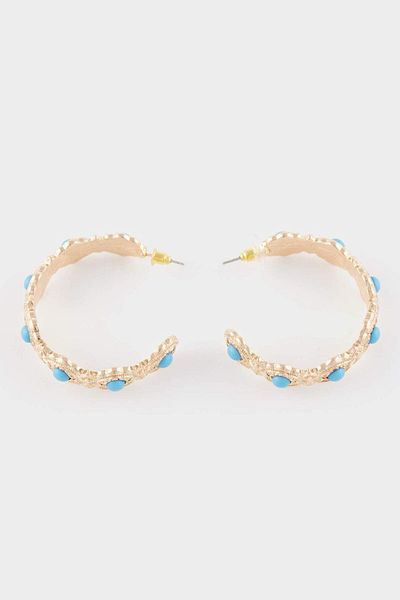 DeFacto Women's Blue Flower Motif Hoop Gold Earrings E6460Axns