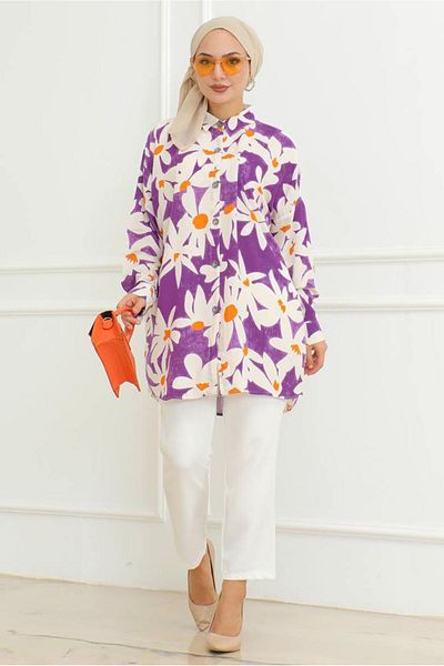 TRENDTESETTÜR Purple Flower Design Shirt Top t 8956
