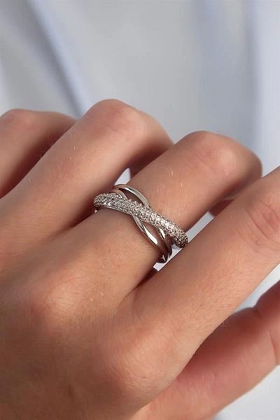 Clariss Brass Adjustable Silver Color Zircon Stone Cross Appearance Ring