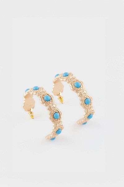 DeFacto Women's Blue Flower Motif Hoop Gold Earrings E6460Axns