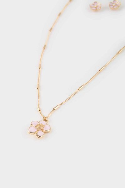 DeFacto Women's Pink Floral Gold Necklace Earrings Set E8069Axns