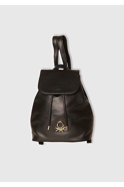 United Colors of Benetton Women's Black Napa Effect 3D Logo Drawstring Backpack