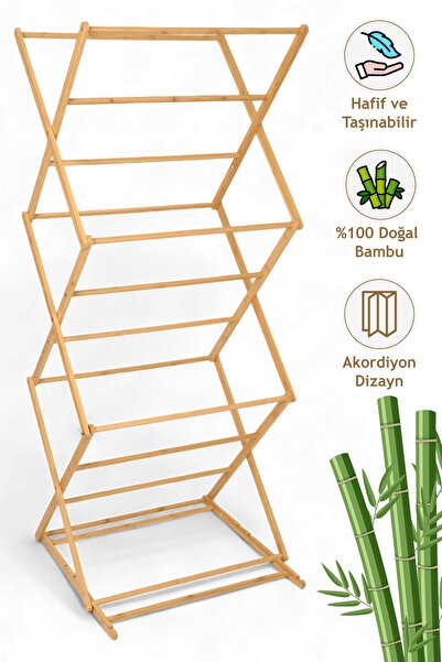 Evmarketi İronika Bambu Katlanabilir 3 Katlı Çamaşır Kurutmalık Bambu Ahşap Çamaşır Kurutma Askısı