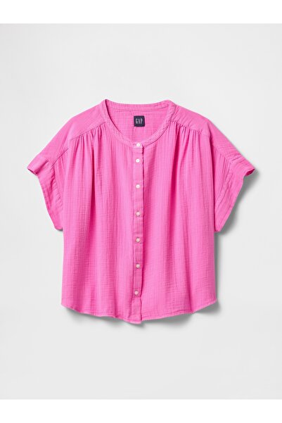 GAP Kadın Pembe Crinkle Gauze Gömlek