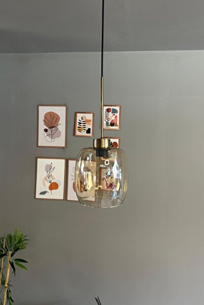 Bamyum Pearl Cam Bal Rengi Tekli Avize İnce Eskitme Başlık Retro Sarkıt Lamba Salon Aydınlatma