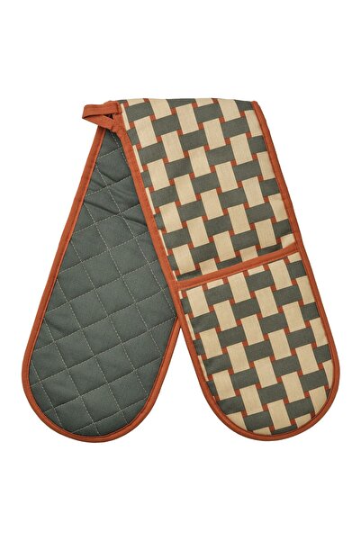 IKEA RINNIG Oven mitt, patterned light beige/grey-green brown-red