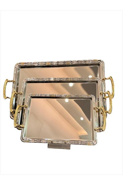 aljahwari 3-Piece Silver Serving Tray Set with Gold Handle