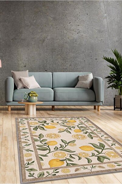 Homshtag Art Deco Limon Desenli Halı Bitki Temalı Sarı Renk Modern Limon Dese...