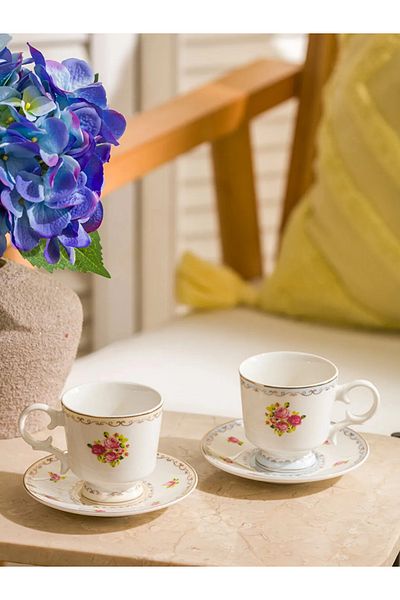 LC Waikiki Lcw Home Mixed Flower Printed 2-Person Porcelain Coffee Cup Set 90 ml