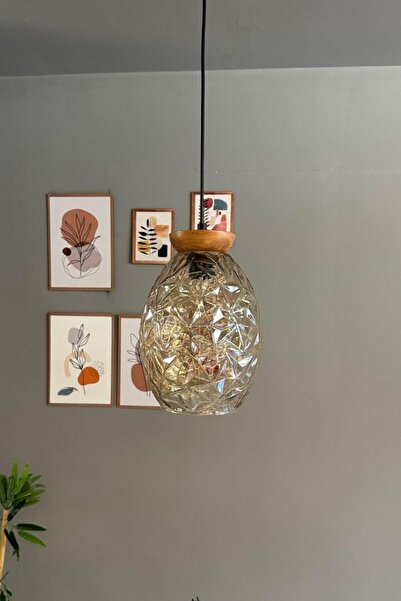 Bamyum Veltro Cam Bal Rengi Tekli Avize Tabak Ahşap Başlık Retro Sarkıt Lamba Salon Aydınlatma