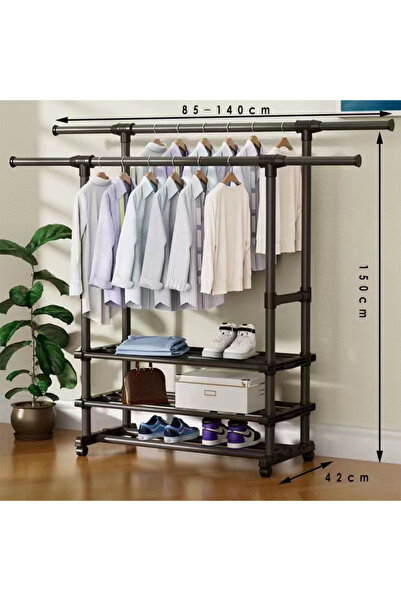ABAREEK Metal Clothes Hanger with Wheels 150 x 140 x 42 cm, Black