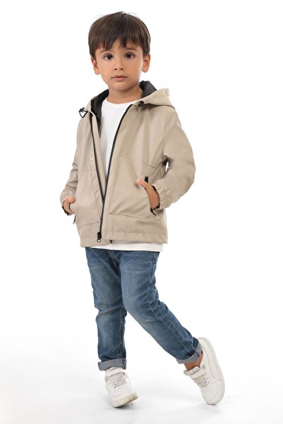 freemen Boy's Water and Windproof Hooded Raincoat - Stone Lined, Double Zipper and Pocket