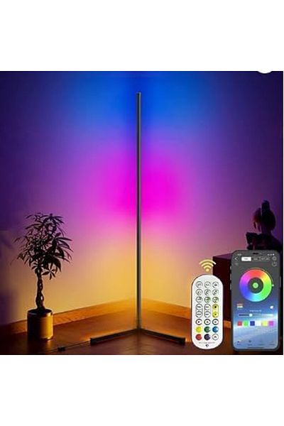 COOYA مصباح أرضي، LED ذكي RGB، قابل للتعتيم، مزامنة الموسيقى، تحكم عن بُعد عبر التطبيق، زاوية عصرية، ارتفاع 56 بوصة