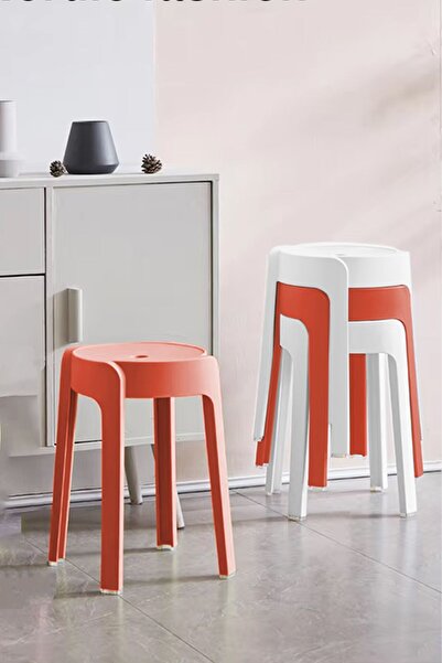 İronika Kaymaz Ayaklı Dekoratif Iç Içe Geçebilen Plastik Tabure Mutfak Bahçe Taburesi 4 Adet Mercan Beyaz