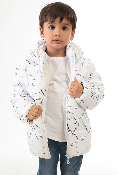 freemen Boys' Winter Puffer Jacket - White, Detachable Hood, Water and Windproof, with Pockets