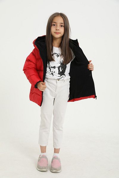 freemen Girl's Red Fleece Fur Hooded Waterproof Wind Resistant Pocket Puffer Winter Coat