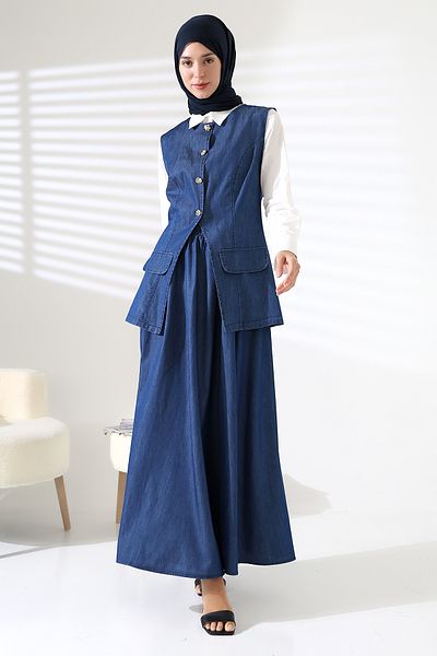 Mihran Butik Women's 100% Cotton Denim Navy Blue Vest Skirt Hijab Suit