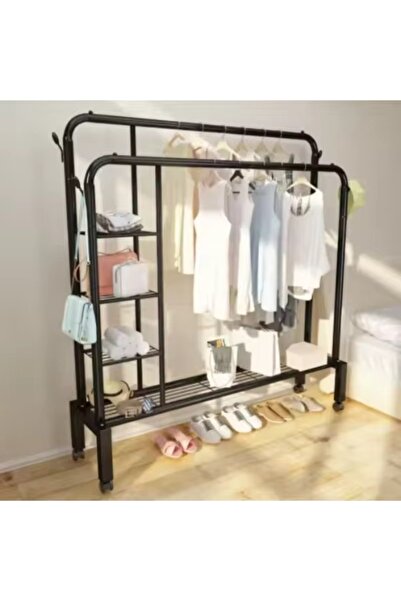 ABAREEK Metal Clothes Hanger with Wheels 160 x 110 x 55 cm, Black