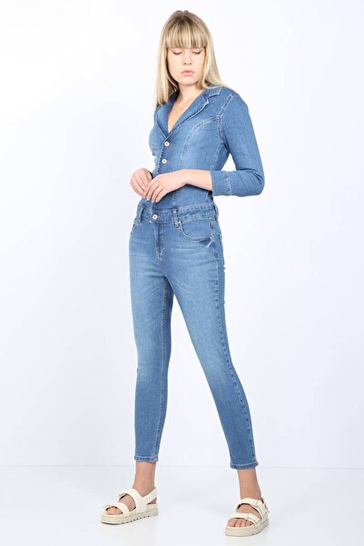 BANNY JEANS Kadın Açık Mavi Ceket Yaka Jean Tulum Pantolon