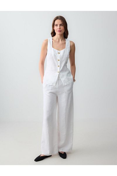 Jimmy Key White Button Detailed Straight Cut Linen Vest