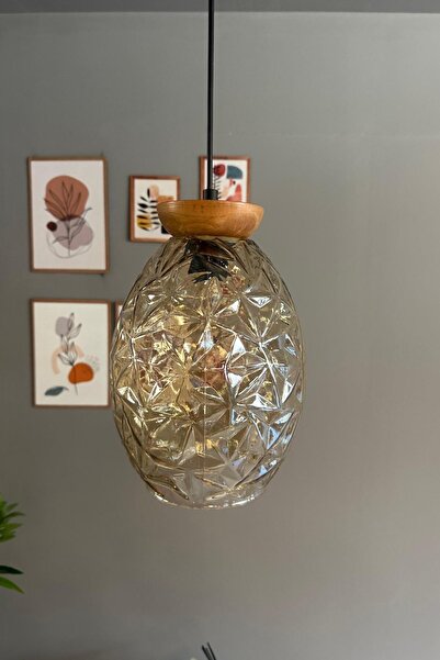 Bamyum Veltro Cam Bal Rengi Tekli Avize Tabak Ahşap Başlık Retro Sarkıt Lamba Salon Aydınlatma