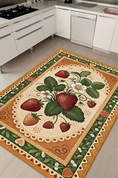 Homshtag Art Deco Çilek Desenli Halı Bitki Temalı Çok Renkli Modern Çilek Des...