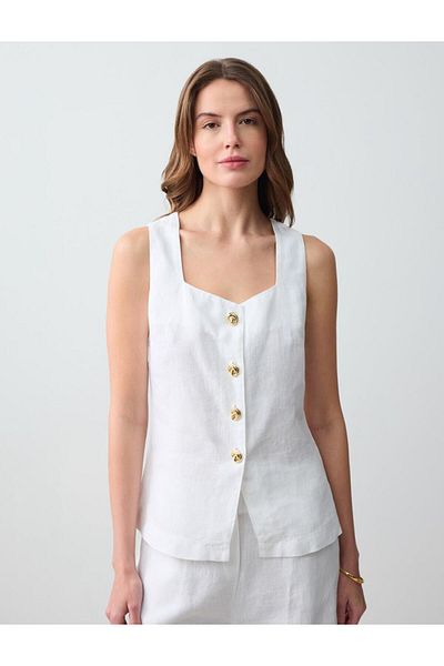 Jimmy Key White Button Detailed Straight Cut Linen Vest