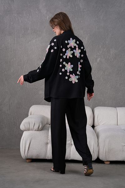 Miss Allos Set de jachetă kimono din in, broderie pe spate și mâneci pentru femei, broderie florală din tul, cu detalii de piatră