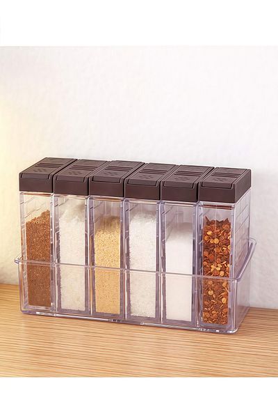 COOYA 6-Piece Spice Jar Set, BPA Free, Double Slide Open, Adjustable Lids and a Storage Tray, Brown