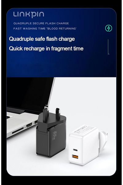 Linkpin PD 65W GaN Fast Charger with 1 USB-A 1 Type-C Port and UK adapter