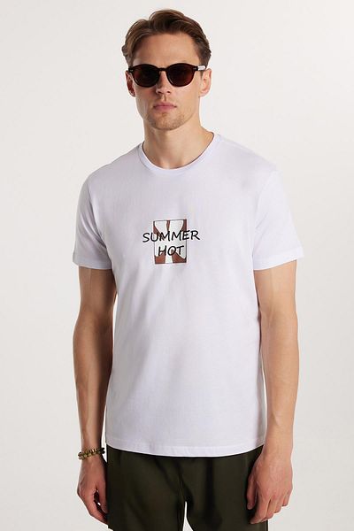 Tudors Ανδρικό T-shirt Slim Fit Slim Fit 100% βαμβακερό τυπωμένο λευκό μπλουζάκι με λαιμόκοψη