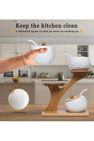 COOYA 3-piece ceramic spice jar set, removable tray, bamboo lid and spoon included, easy to clean, white