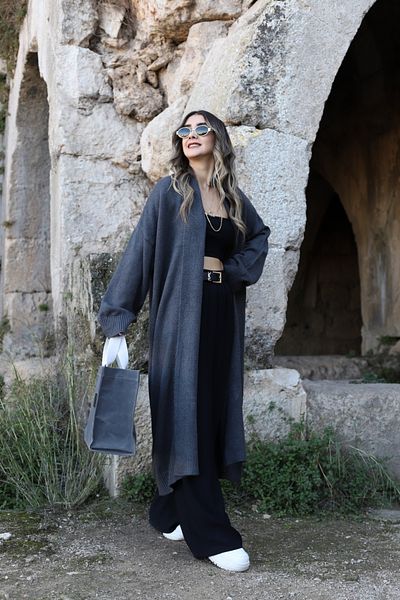 bytugcekaya Smoked Standard Size Open Front Shawl Collar Cardigan