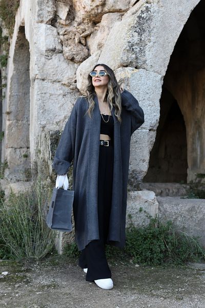 bytugcekaya Smoked Standard Size Open Front Shawl Collar Cardigan