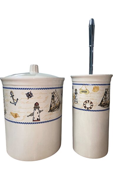 RED SERAMİK Κόκκινο κεραμικό σετ μπάνιου Dara Collection 2 τεμαχίων με θαλάσσιο σχέδιο